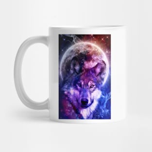 Mystical Wolf Face in Front of the Moon and galaxy Mug